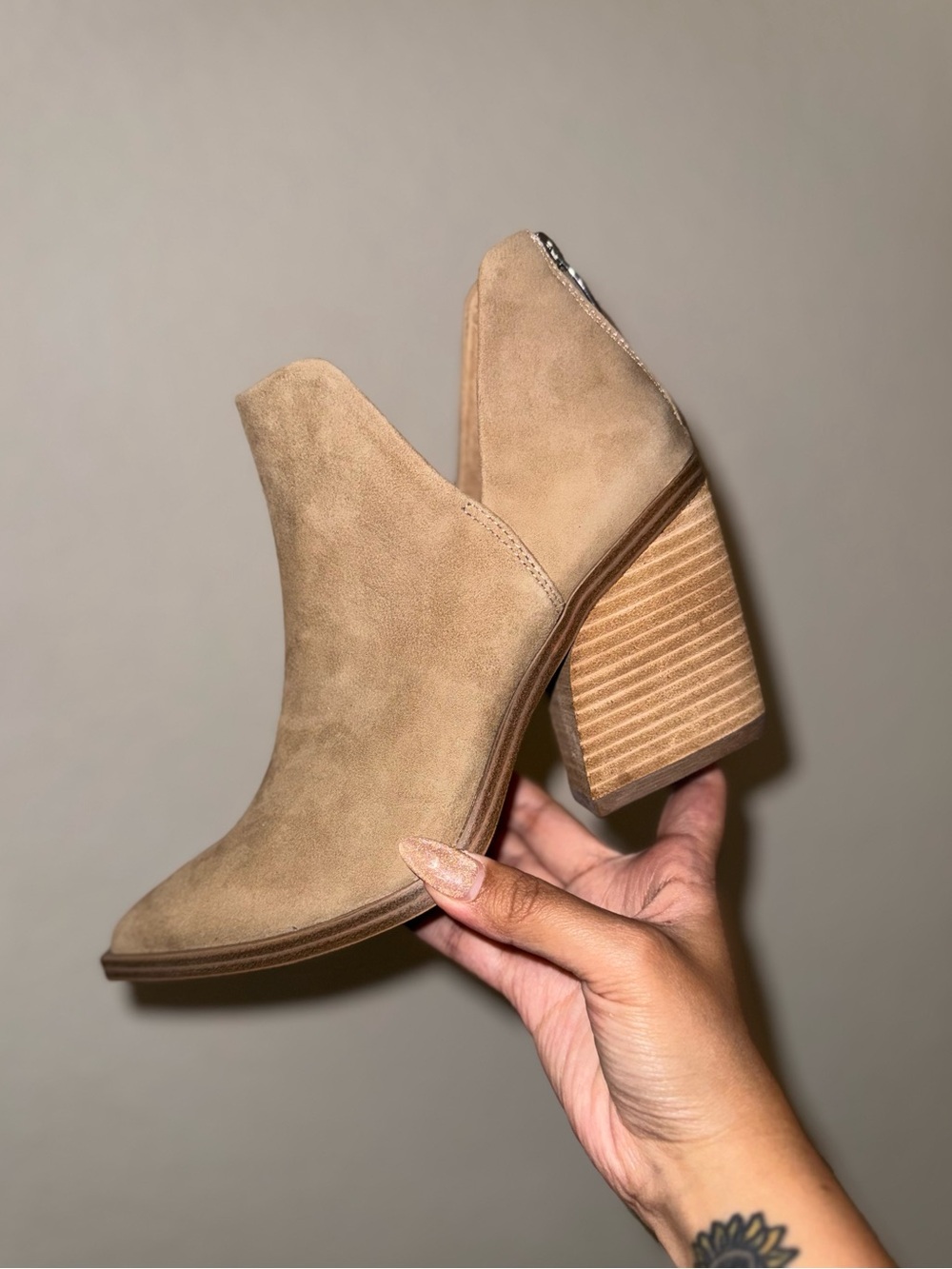 Steve Madden Taupe Suede Ankle Booties with Stacked Heel